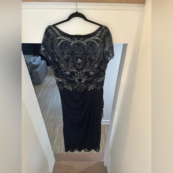 Xscape Dress Navy Blue Illusion Beaded Chiffon Ruched Gown NWT Formal - Picture 4 of 11